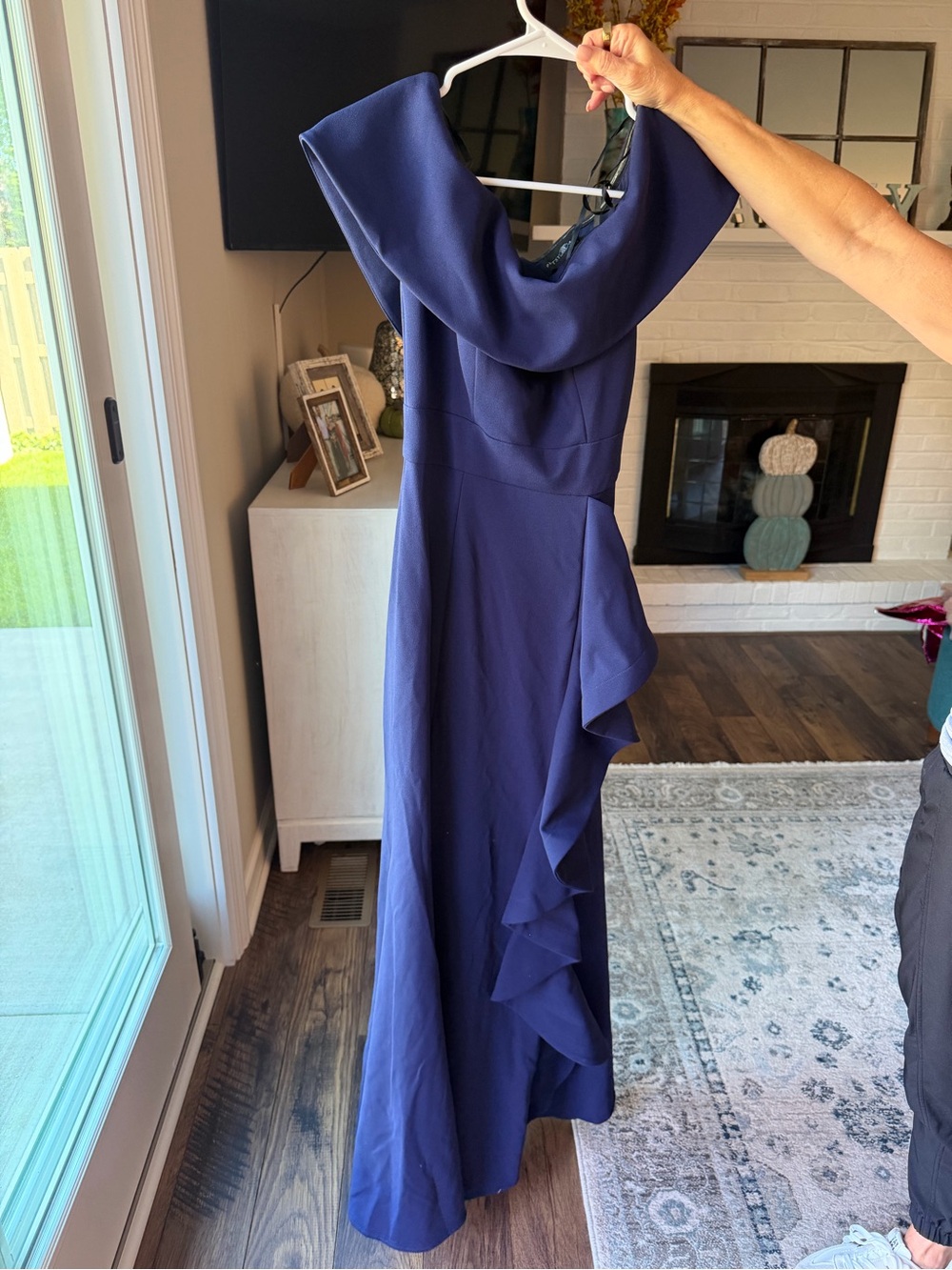 Betsy & Adam Deep Navy Off-Shoulder Ruffle Maxi Dress